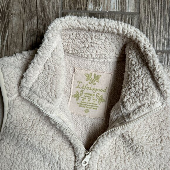Life Is Good Womens Cozy Sherpa Vest Zip Up M Chore Pockets Off White Fitted - Picture 3 of 7